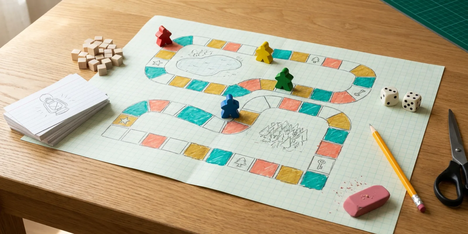 A hand-drawn board game prototype on graph paper with wooden meeples, dice, index cards and a pencil on an oak table