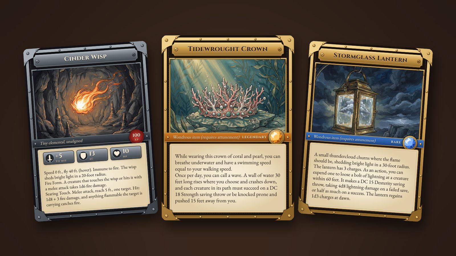 Three Ironbound cards in a D&D style layout: a Cinder Wisp monster card with its to-hit, AC and HP plates and an XP seal, a Legendary item card for the Tidewrought Crown, and a Rare item card for the Stormglass Lantern