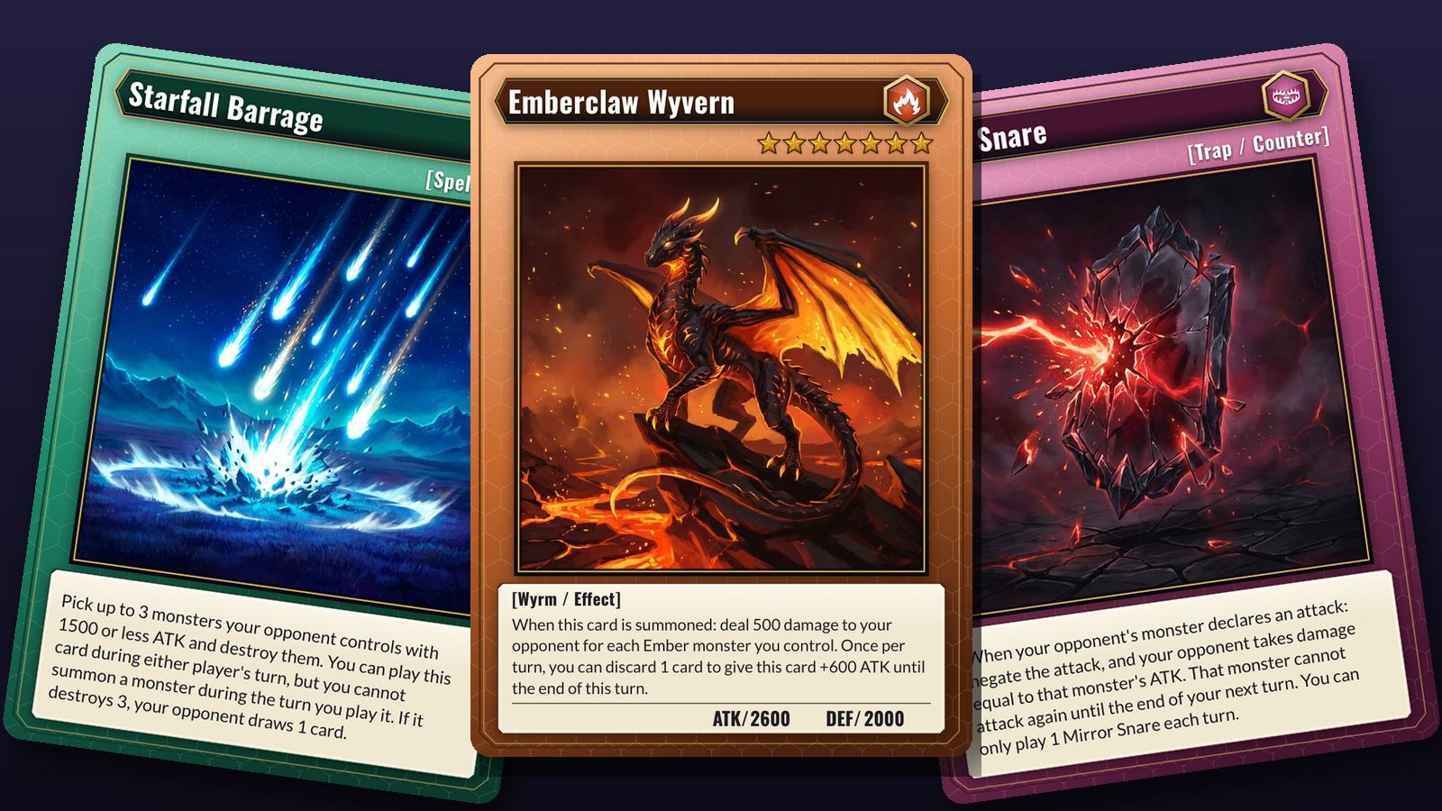 Three Riftcall cards in a Yu-Gi-Oh style layout: an effect monster between a spell and a trap