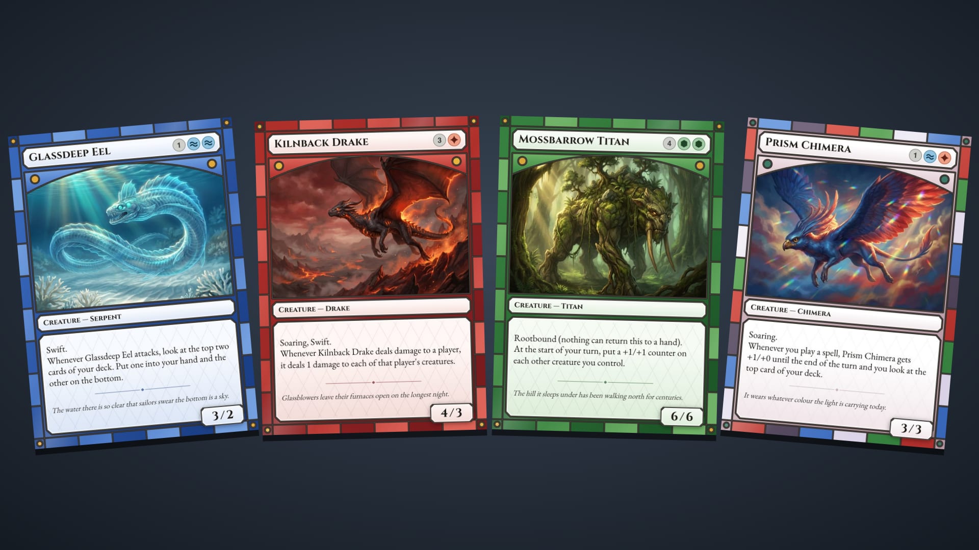 Four cards made on ShuffleKit's Leadlight stained glass frame: a blue sea serpent, a red drake, a green titan and a multicolour chimera
