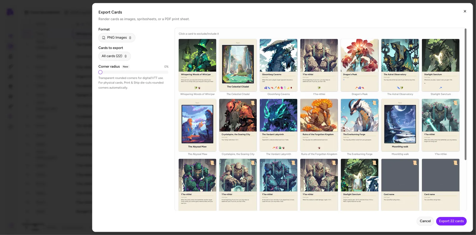 The Export Cards dialog
