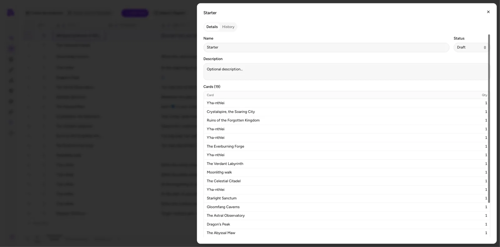 The deck details dialog