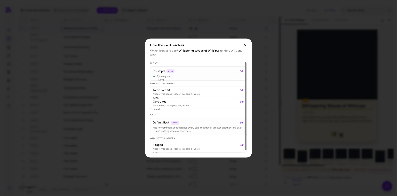 The card resolution dialog