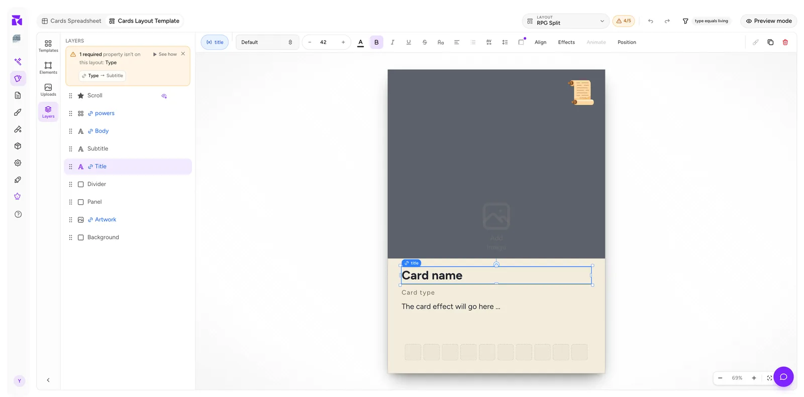 A text element selected in the ShuffleKit layout editor