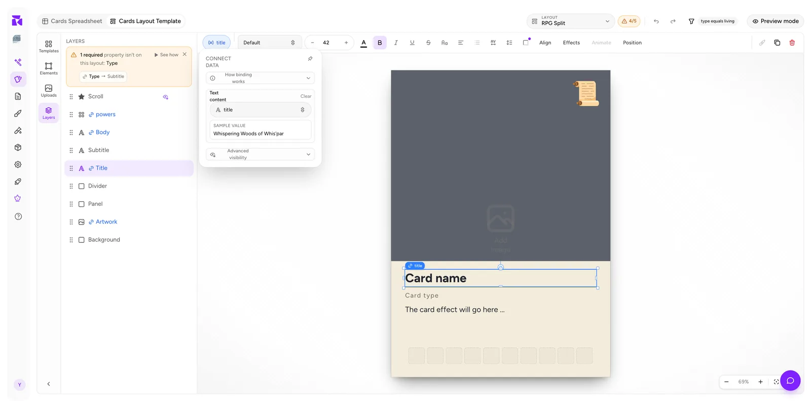 The CONNECT DATA popover with a property bound to a text element