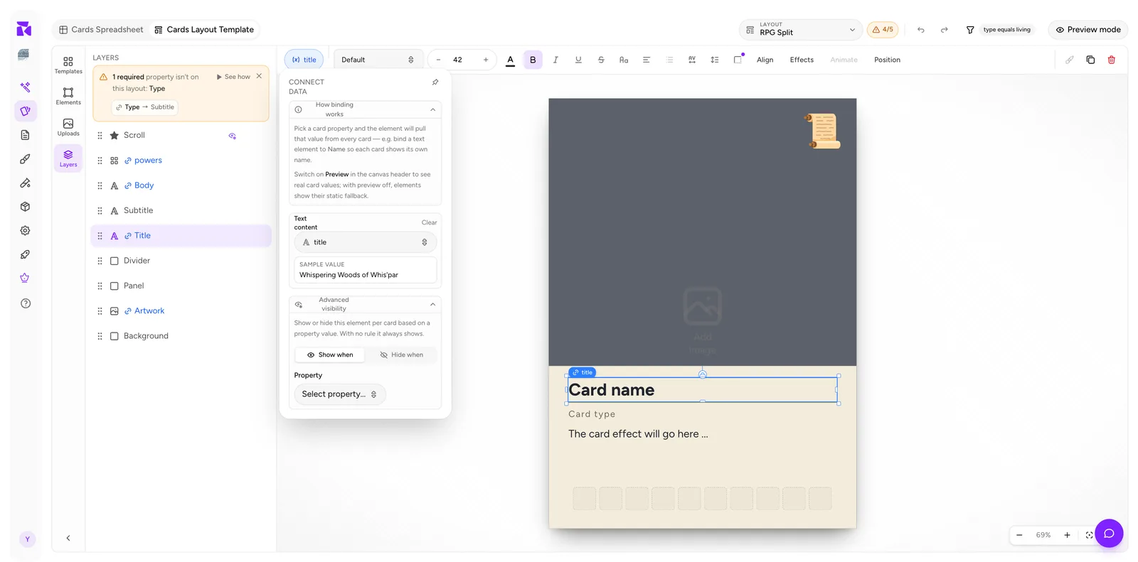 How data binding connects card properties to layout elements