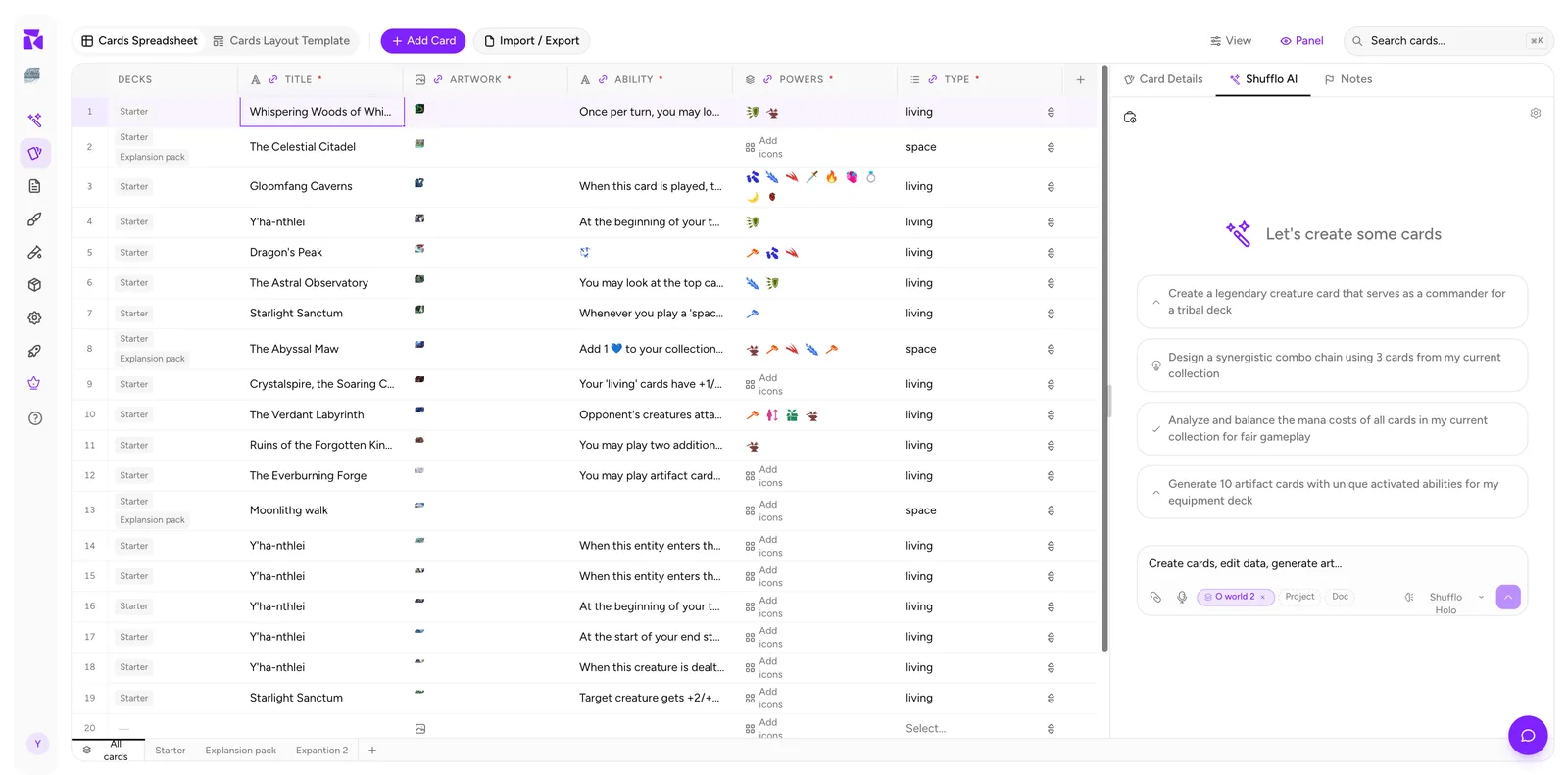 The Shufflo AI panel on the Cards page