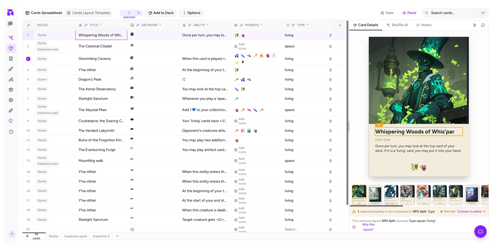 The bulk action bar with a card row selected