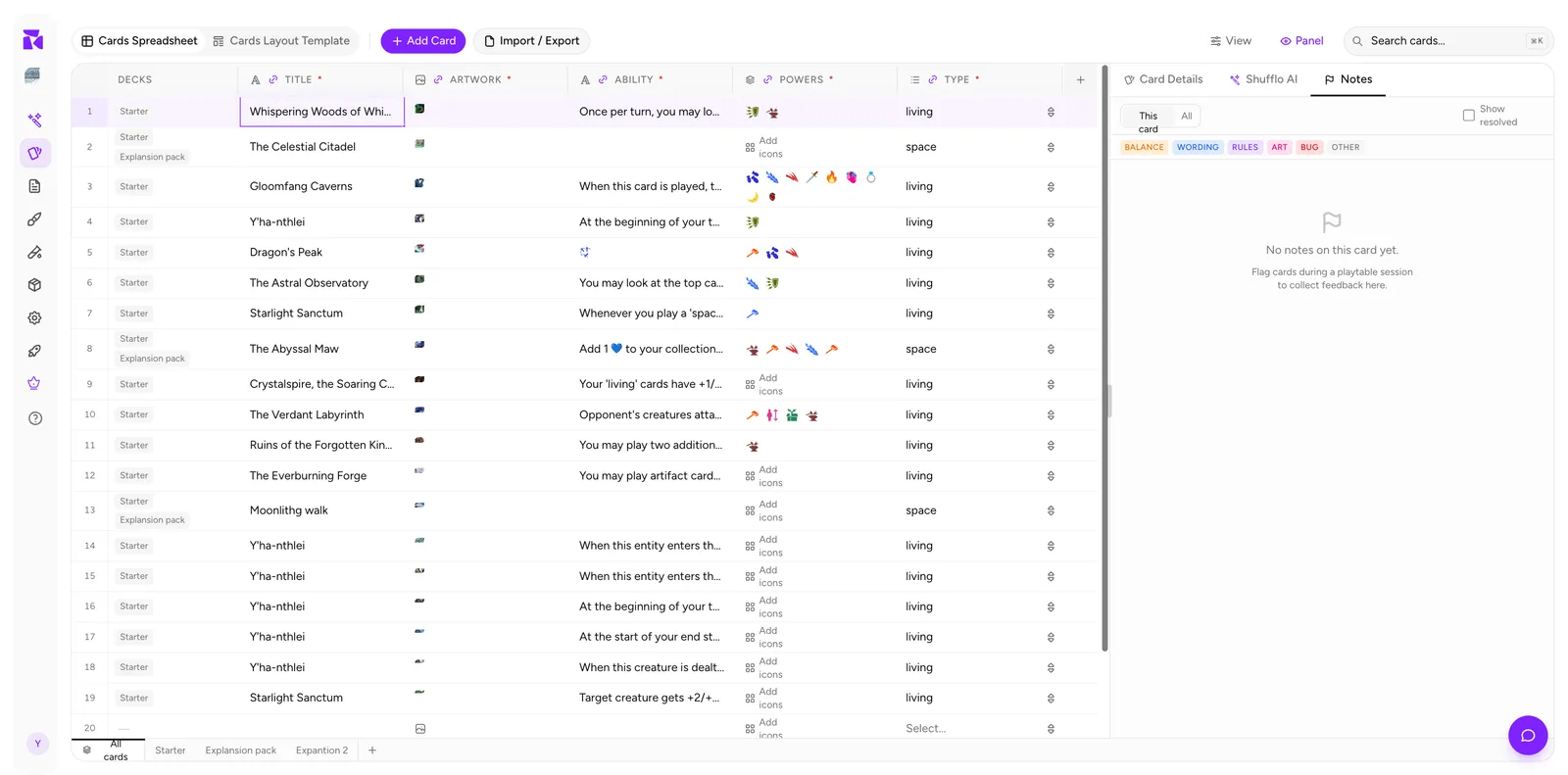 The Notes panel with categorized playtest feedback