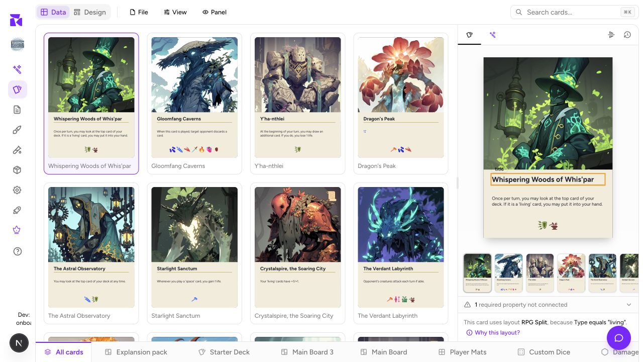 The Data workspace with a card collection and live preview