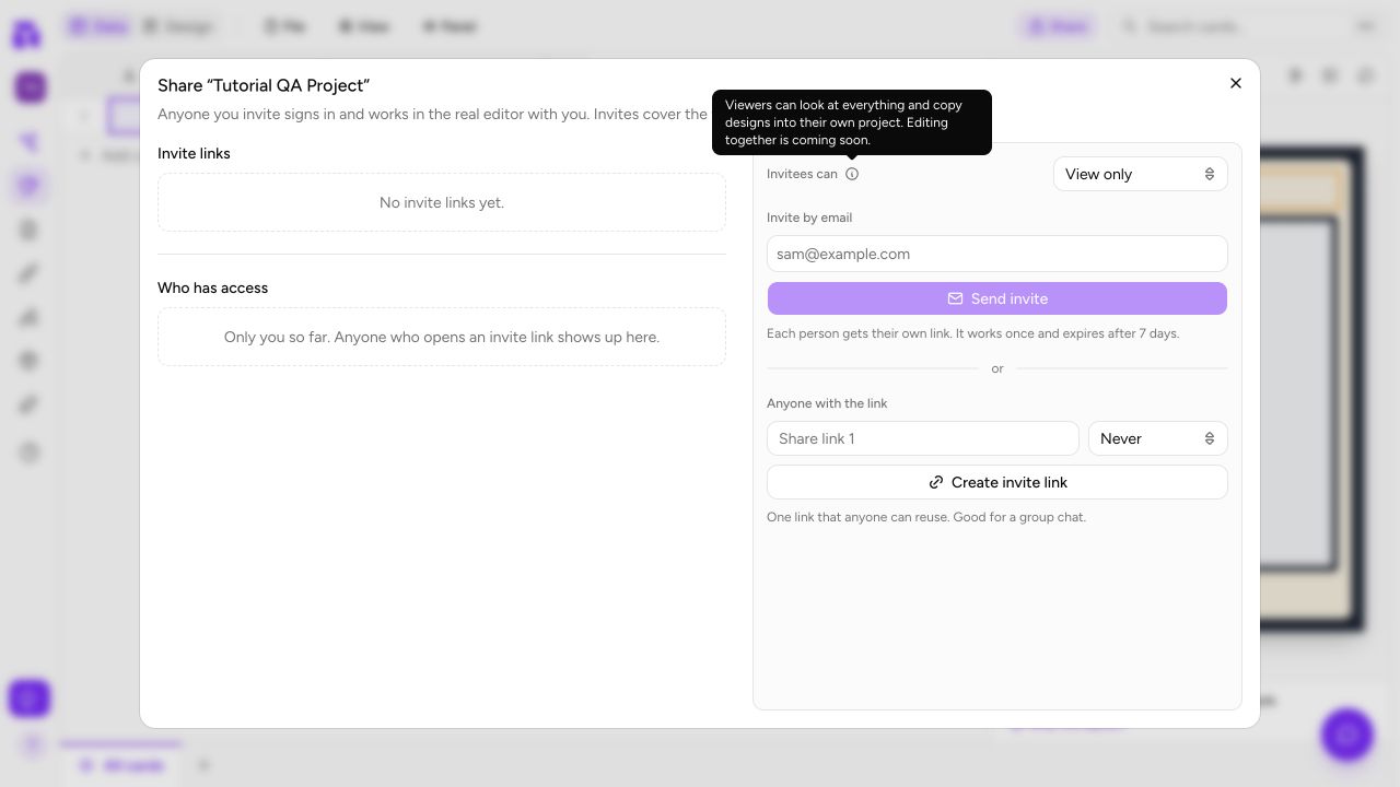 The ShuffleKit Share dialog, showing view-only invitations by email or reusable link