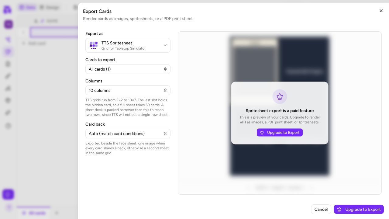 The live Tabletop Simulator export dialog with its grid, card-back, and paid-export preview controls