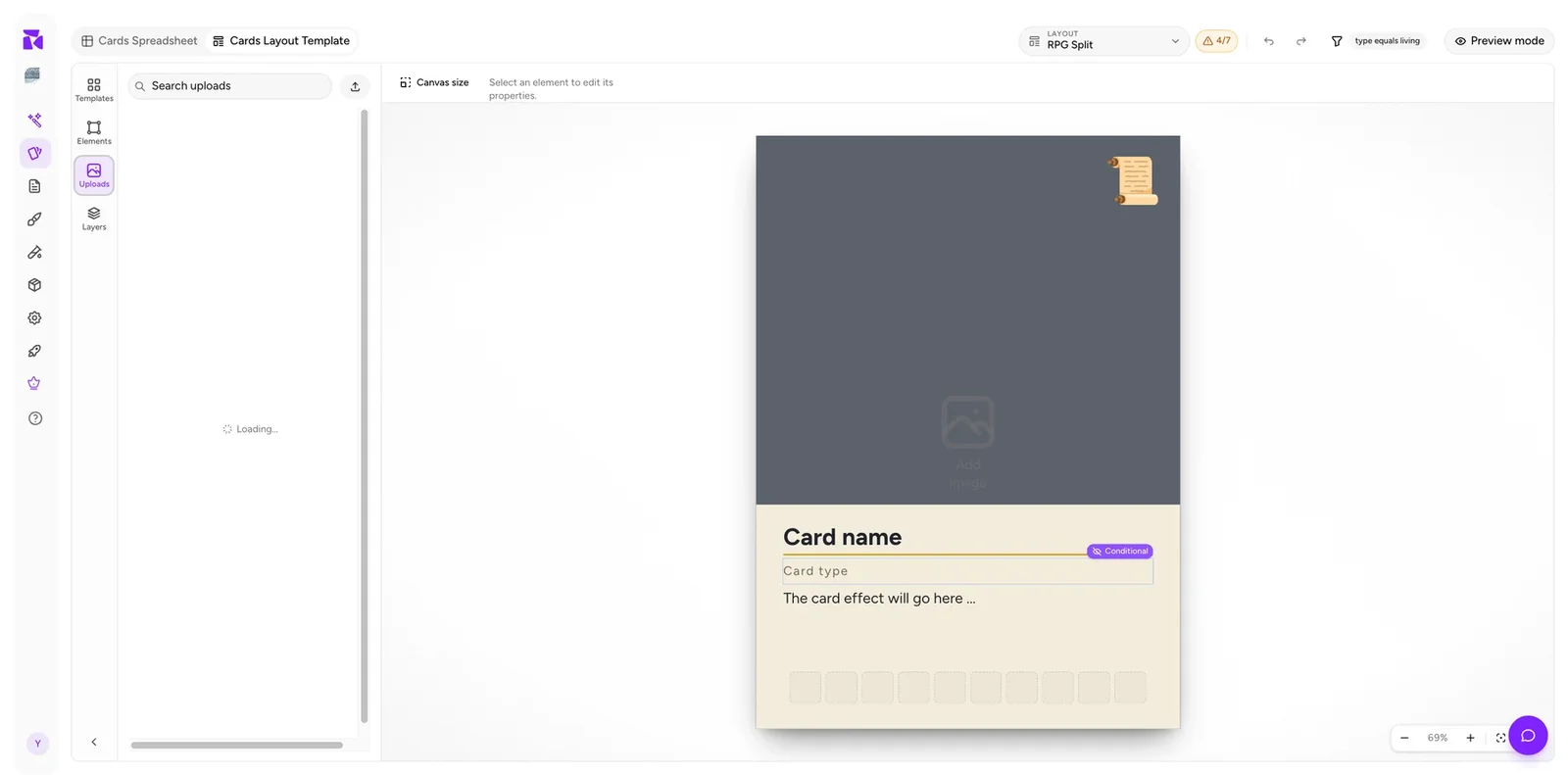 The Uploads panel in the ShuffleKit layout editor