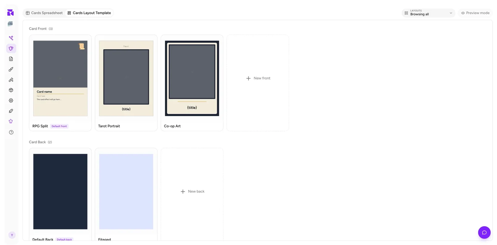 The browse-all grid of every front and back layout