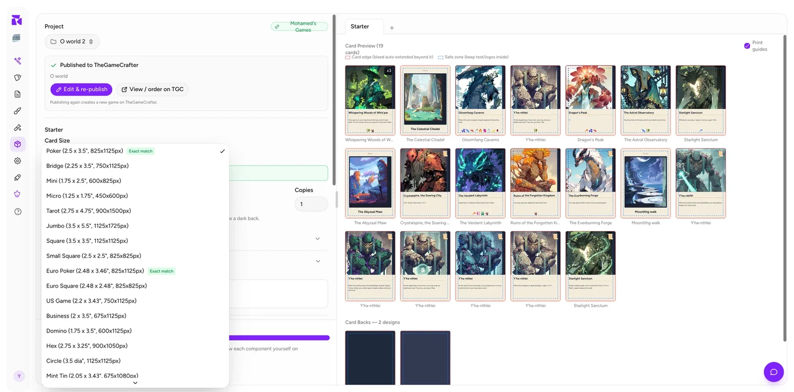 The card size list