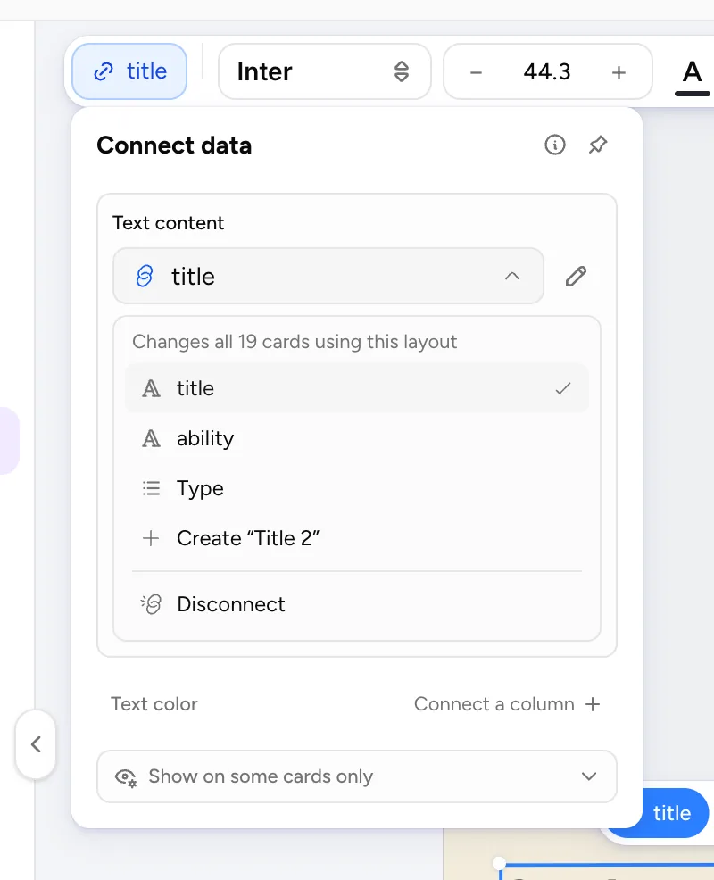 The Connect data panel with the Text content column list open