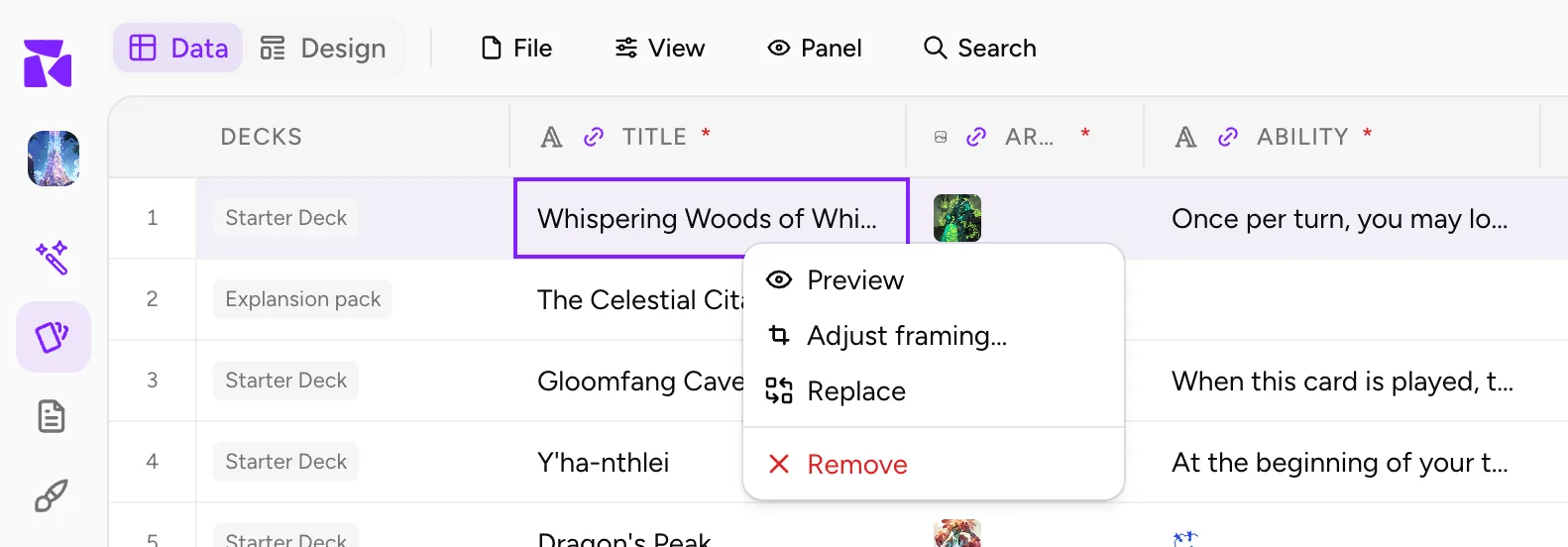 The ⋮ menu on a filled Image cell: Preview, Adjust framing…, Replace and Remove