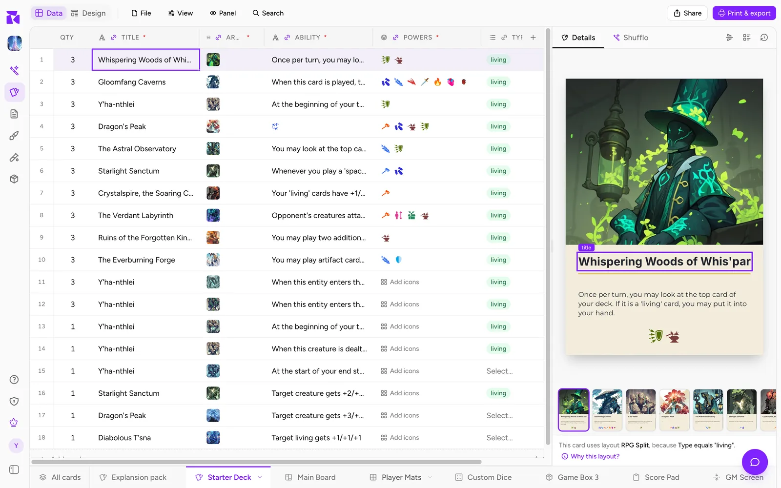 Inside the Starter Deck tab, where the sheet starts with a QTY column