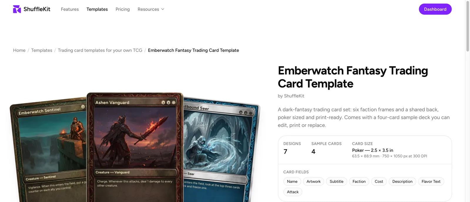 The Emberwatch template page, with its designs, sample cards, card size, fields and Use this template