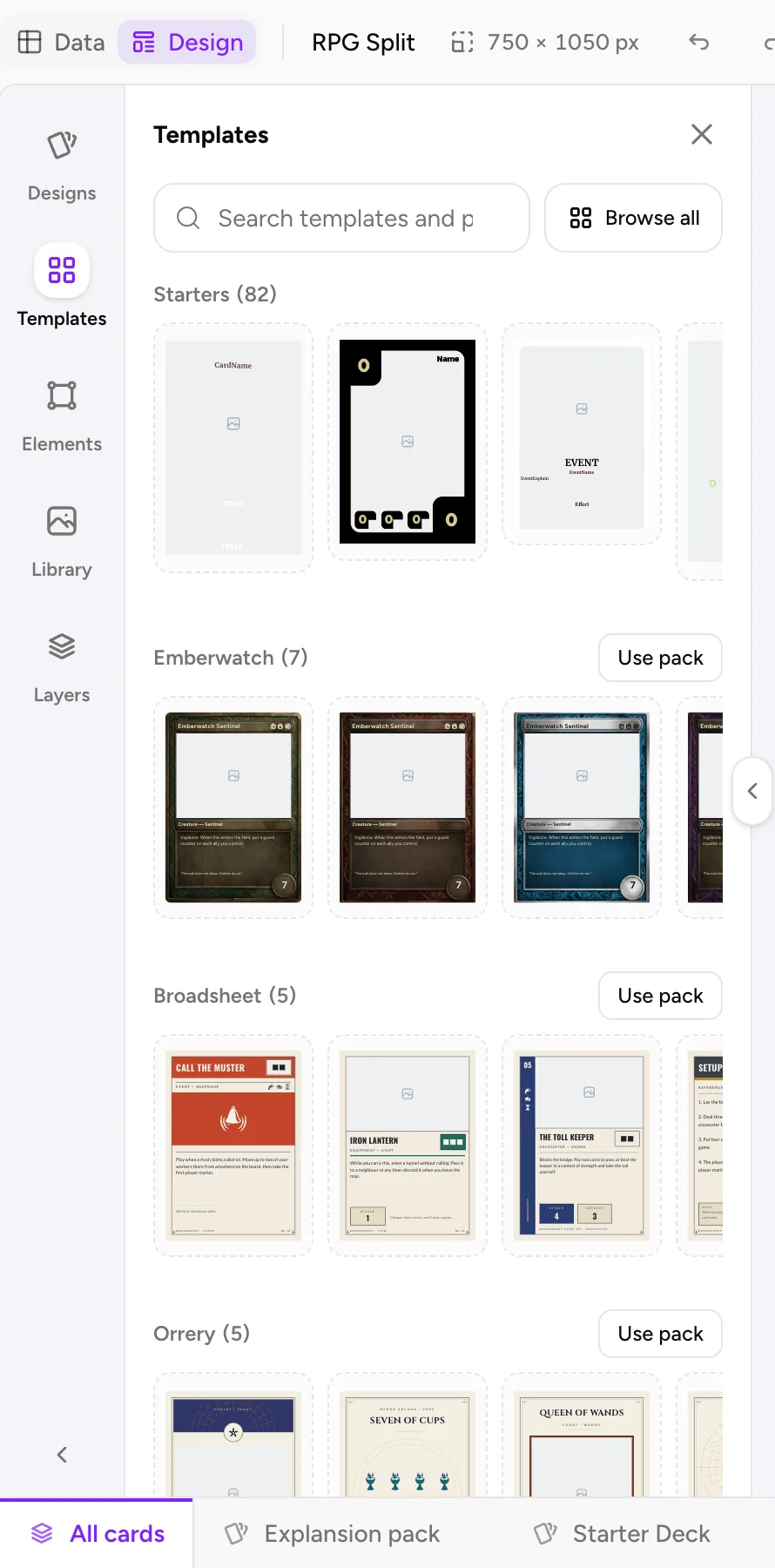 The Templates panel in the Design editor, with Starters and pack rows