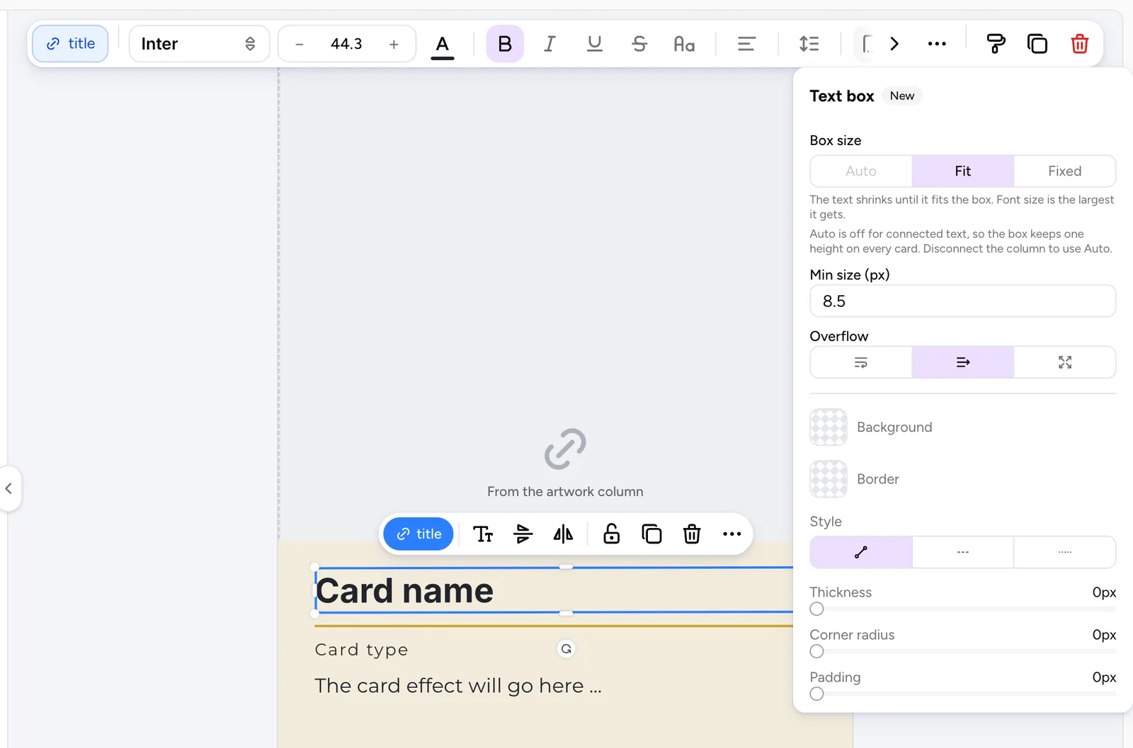 The Text box popover on connected text, with Auto greyed out and the note explaining why