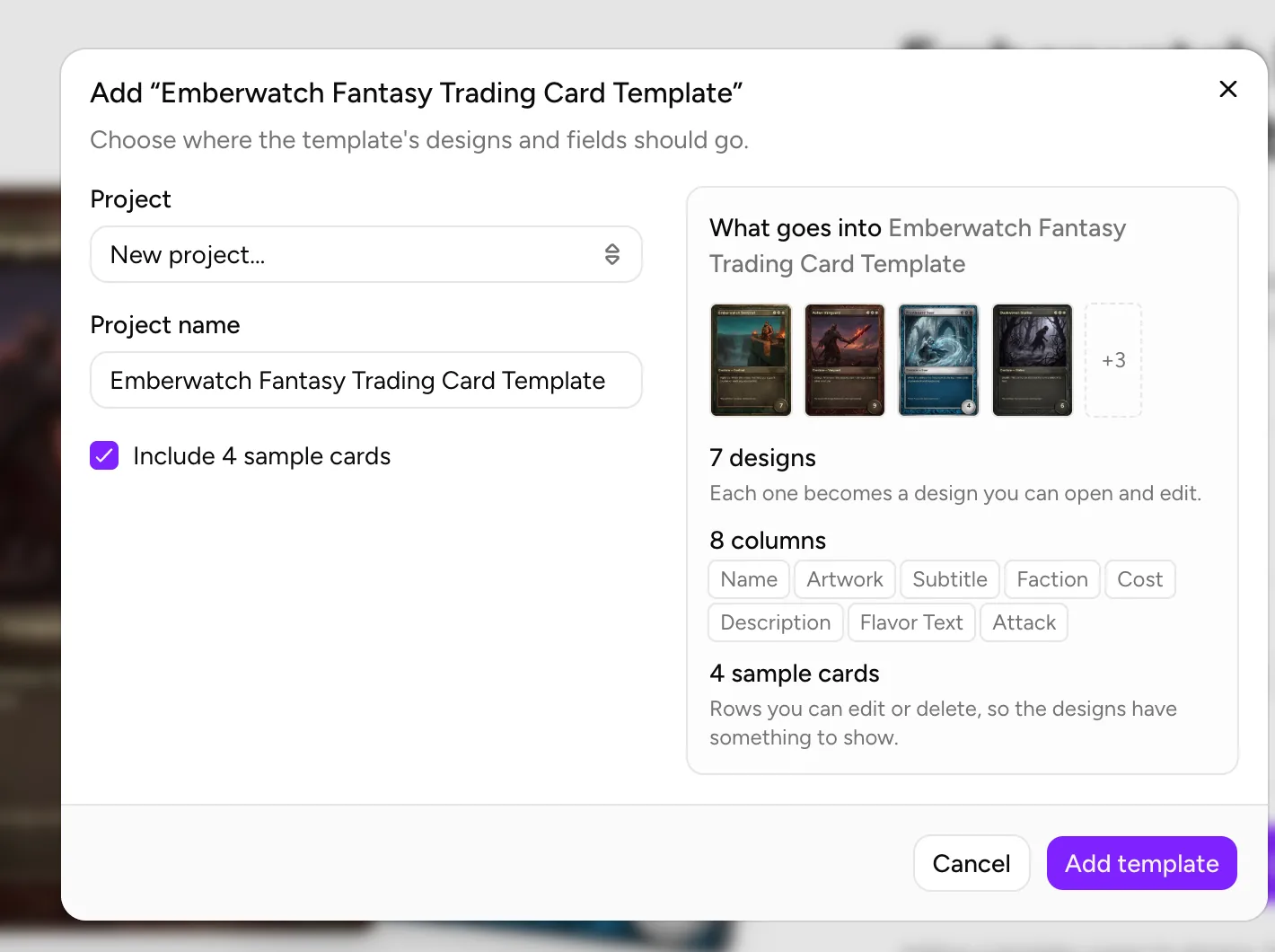 The Add template dialog: project, project name, sample cards and what goes into the project