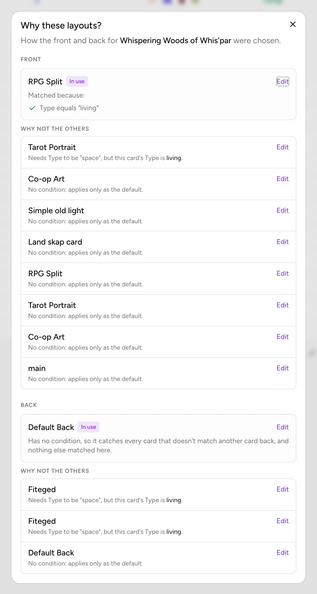 The Why these layouts? dialog with Front and Back sections