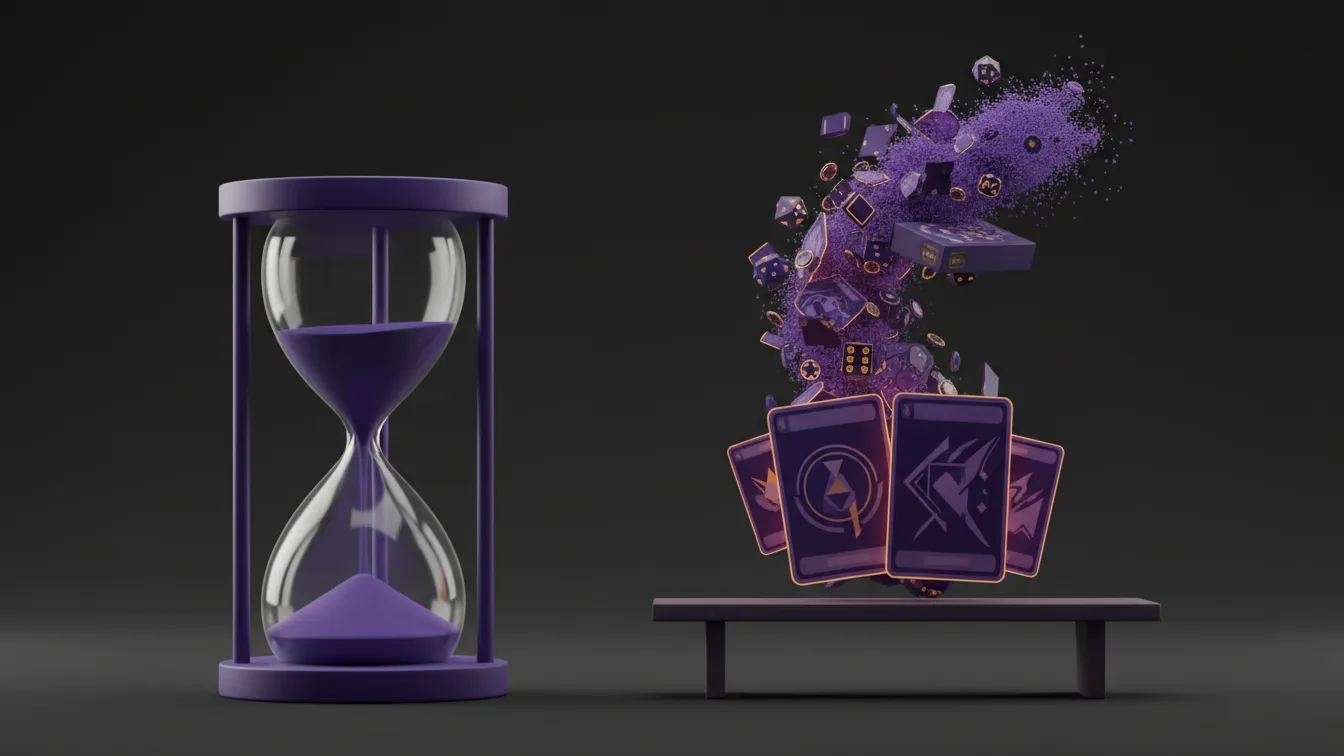 A countdown dial of violet light at the left dissolving into an open workshop where cards, tokens and a board are generated from a ribbon of data.