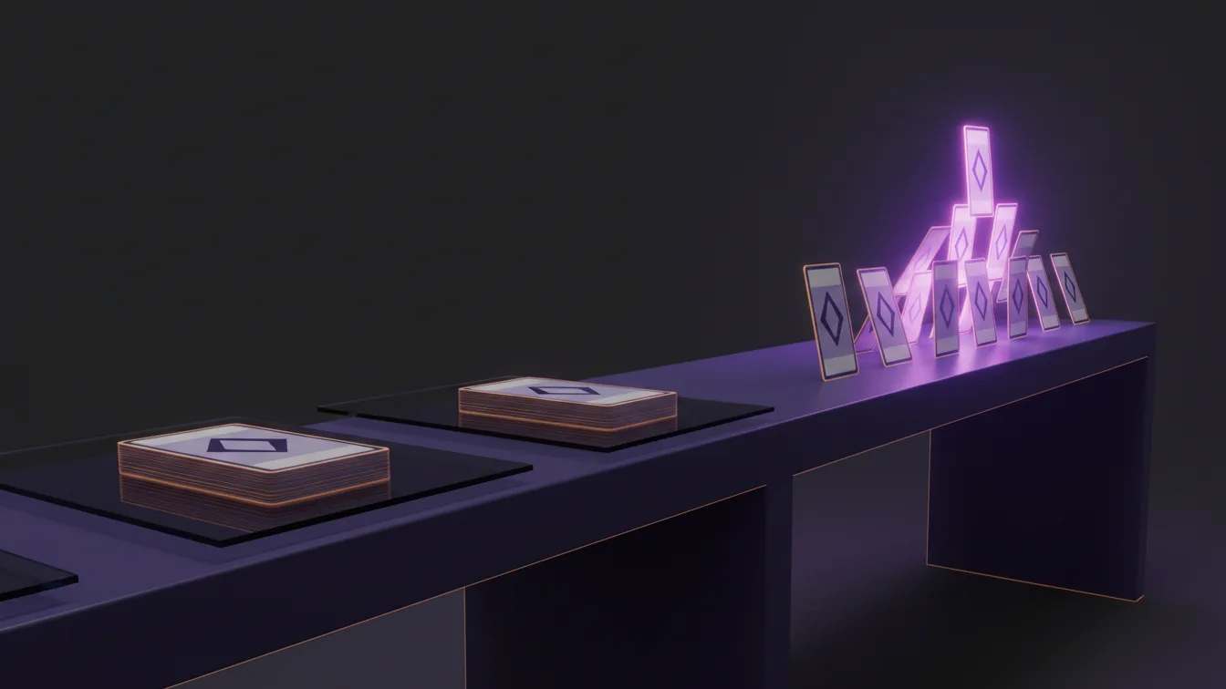 A dim workshop bench of stacked paper card frames at the left opening rightward into bright air where original cards assemble above a tablet.